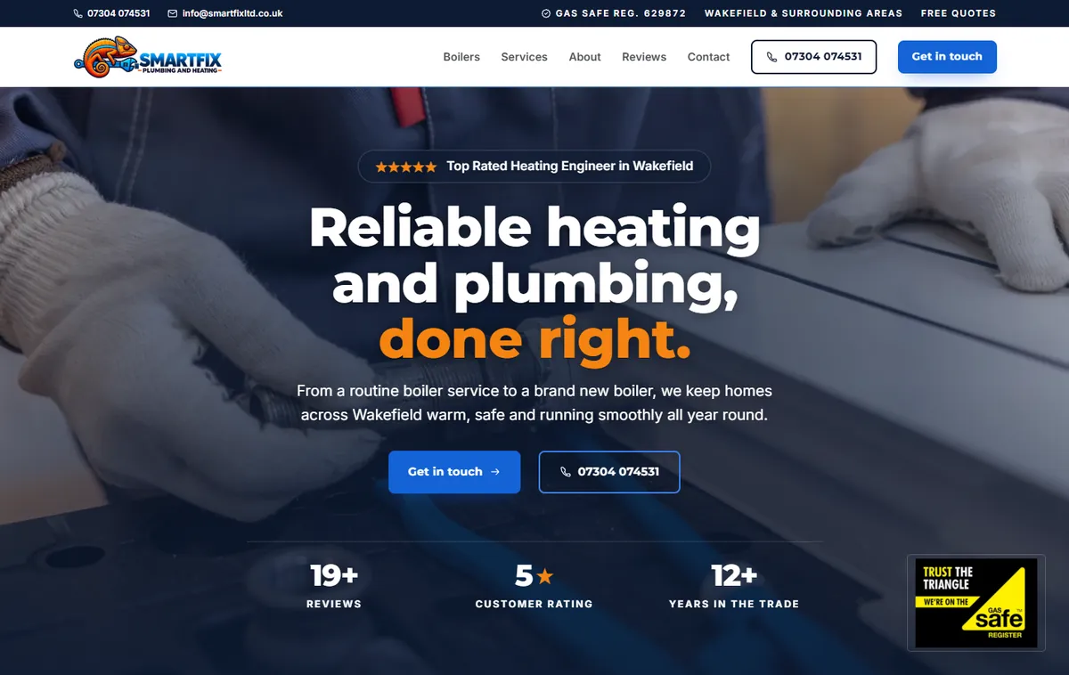Smartfix Plumbing & Heating's live homepage on a laptop